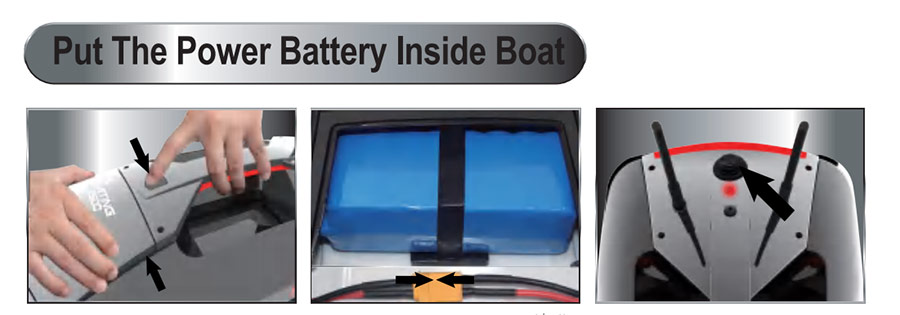 Поместите аккумуляторную батарею в лодку с радиоуправляемой наживкой